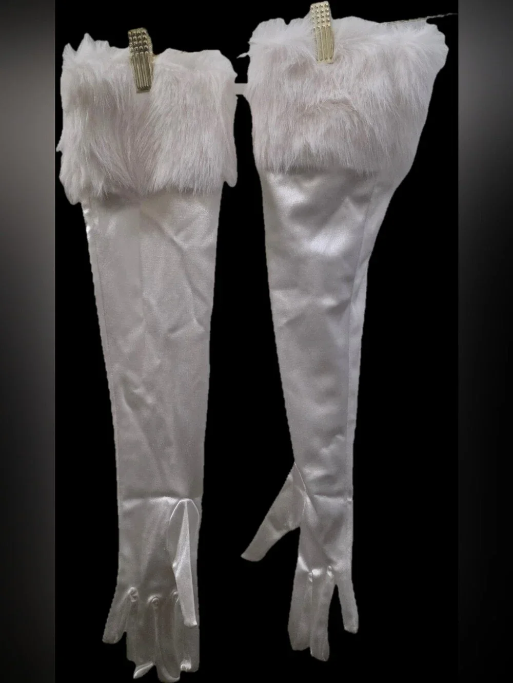 Hutch White Satin Opera Gloves with Faux Fur Cuffs